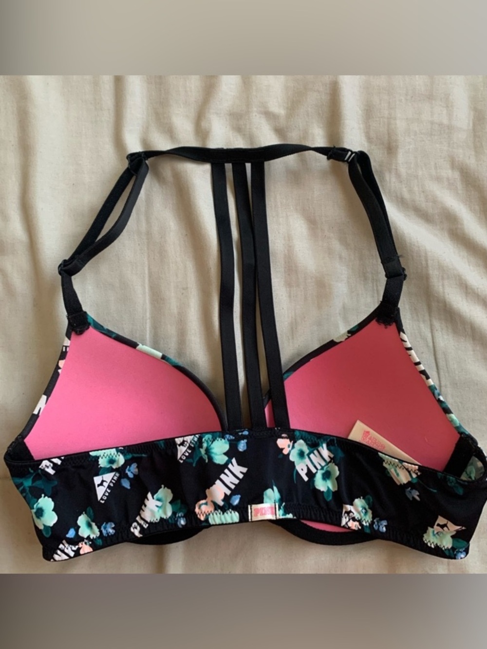 PINK Victoria's Secret Black Floral Strappy Back Push-Up Bra - Picture 2 of 4